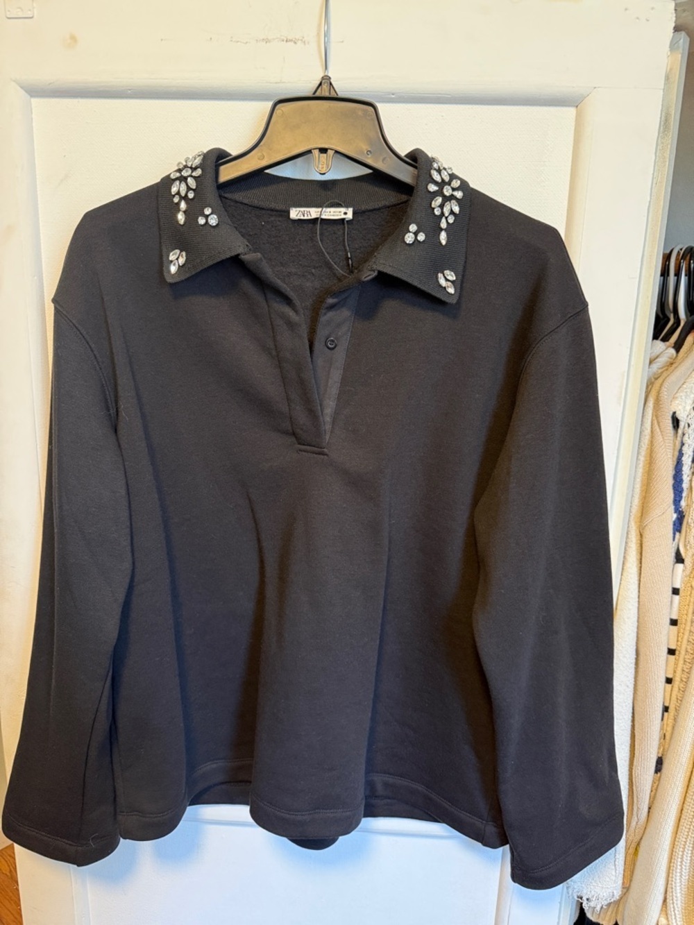 Zara Black Jeweled Collar Polo Sweatshirt
